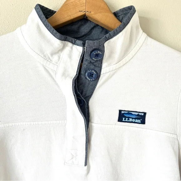 LL Bean Women's White Cotton French Terry 1/4 Button Pullover with Navy Trim - Picture 3 of 16